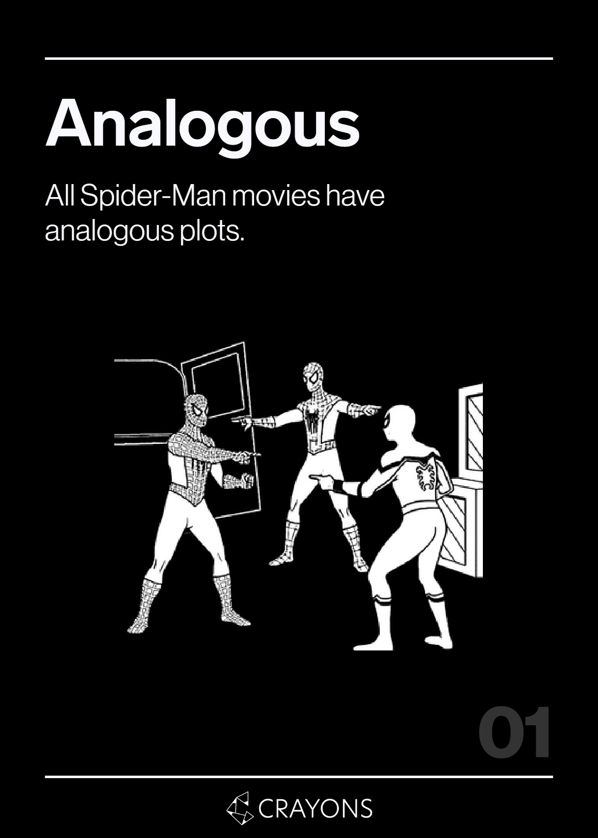 Front of card 1: the word “Analogous” with the example sentence “All Spider-Man movies have analogous plots.”, and a line illustration of several Spider-Man figures in similar poses.