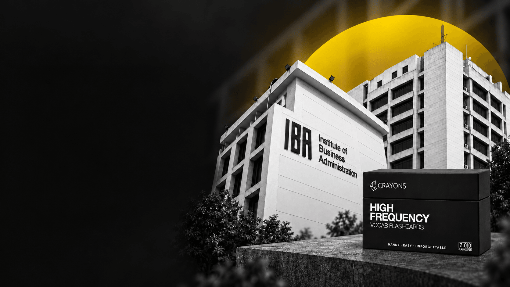 The Crayons High Frequency Vocab Flashcards box of 200 cards, in front of the Institute of Business Administration (IBA) building.